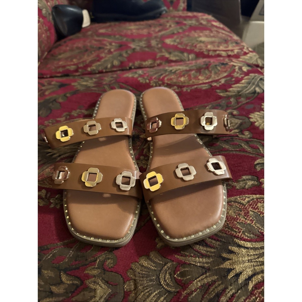 Nicole Miller Brown Bling Slides Sandals With Gold Studs 9